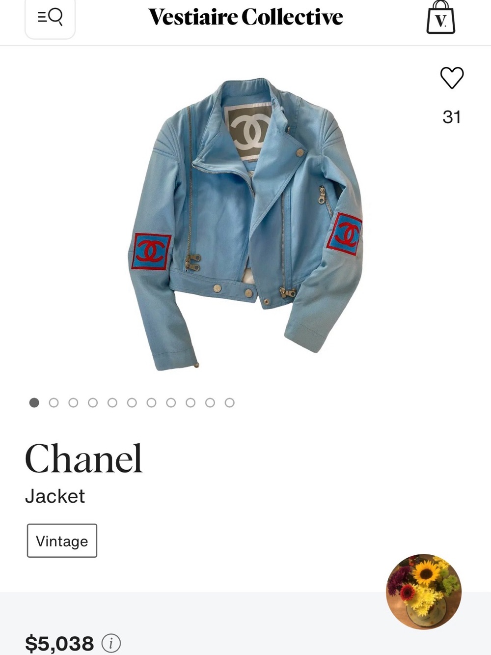 CHANEL Light Blue Leather Biker Jacket with Red Logo Patches